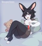  anthro areola bed black_clothing black_hair black_legwear black_thigh_highs breasts clothing colored digital_media_(artwork) female full-length_portrait fur furniture green_eyes grey_body grey_fur hair hi_res lagomorph legwear leporid looking_at_viewer mammal mostly_nude nat_(vesperinox) nintendo nintendo_switch nipples on_bed open_mouth pillow plushie portrait rabbit short_hair simple_background sitting small_breasts smile solo teddy_bear thigh_highs thigh_highs_only vesperinox video_games white_body white_fur 