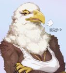  2022 accipitrid accipitriform anthro arms_crossed_under_breasts avian bald_eagle beak bird breasts breath brown_body brown_eyes brown_feathers claws clothed clothing crossed_arms eagle eyelashes feathers female gold_chain gradient_background half-closed_eyes hi_res looking_at_viewer narrowed_eyes neck_tuft non-mammal_breasts open_mouth scales sea_eagle shirt sigma-d simple_background solo tank_top topwear tuft white_body white_feathers 