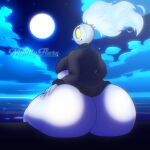  1:1 anthro big_breasts big_butt breasts butt chandelure clothed clothing detailed_background female fire flaming_hair generation_5_pokemon half_naked hand_on_leg hand_on_thigh hi_res huge_breasts huge_butt humanoid night nightlyflare nintendo pokemon pokemon_(species) pseudo_hair sitting solo sweater topwear video_games water yellow_eyes 