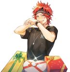  1boy :d amagi_rinne black_shirt blue_eyes blush box bracelet commentary_request earrings ensemble_stars! fangs gift gift_box hands_up headband heart-shaped_box jewelry korean_commentary kuzuvine looking_at_viewer male_focus necklace nervous_smile red_hair shirt short_hair simple_background smile solo sparkle sweatdrop t-shirt teeth thumb_ring upper_body upper_teeth white_background 