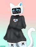  2022 absurd_res ambiguous_gender anthro bellabot blush bow_(feature) carrefour clothing domestic_cat felid feline felis hi_res kerfus legwear logo long_sleeves mammal pudu_robotics screen screen_face signature solo thigh_highs toxicotine white_body 