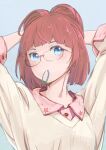  1girl adjusting_hair arms_behind_head bangs blue_background blue_eyes blunt_bangs blush commentary_request glasses hair_tie_in_mouth half_updo long_sleeves looking_at_viewer mouth_hold original red_hair simple_background solo star_(symbol) tomamatto upper_body 