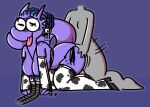  2018 animal_print anthro black_clothing blue_hair blush blush_lines bodily_fluids breast_milking breasts clothing cow_clothing cow_print dogfluid dragon duo eyewear female florentine glasses hair humanoid lactating looking_pleasured machine male male/female milking_machine one_eye_closed purple_body purple_scales purple_tail scales scalie tongue tongue_out white_clothing 