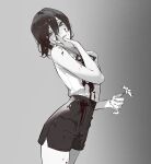  1girl ask_(askzy) bangs bare_shoulders black_hair blood blood_on_clothes blood_on_face blush chainsaw_man daisy disembodied_limb flower grey_background greyscale hair_between_eyes highres holding holding_flower looking_to_the_side medium_hair monochrome reze_(chainsaw_man) ribbon shorts simple_background sleeveless solo 