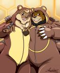  anthro blush brown_body brown_eyes brown_fur claws clothed clothing cosplay digital_media_(artwork) duo fangs fur generation_2_pokemon green_eyes hair hi_res kigurumi lagomorph lepidusdelsol_(character) leporid male male/male mammal mocha_latte_love neck_tuft nintendo onesie open_mouth overweight overweight_male pokemon pokemon_(species) rabbit shadesflame simple_background smile smiling_at_viewer teddiursa tuft ursid video_games zipper 