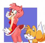  1boy amy_rose anus ass blush colored_skin dress fox fur furry gloves green_eyes hedgehog_girl hedgehog_tail pink_hair pink_skin sega self_upload skirt sonic_(series) stackincamps sweatdrop tagme tail tails_(sonic) thick_thighs thighs 
