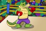  2021 alligator alligatorid anthro biped bottomwear boxing_gloves boxing_shorts brok_(character) brok_the_investigator clothing crocodilian fighting_ring green_body handwear hi_res jolly_the_lizard jollyville reptile scalie shorts solo video_games 