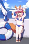  1girl :d aged_down animal_ears arms_up bangs bare_shoulders beach_umbrella bikini blue_bikini blurry blurry_background blush brown_eyes brown_footwear depth_of_field ears_through_headwear fate/grand_order fate_(series) flat_chest fox_ears fox_girl fox_tail hair_between_eyes hair_over_shoulder hands_on_headwear hat highres horizon innertube langbazi long_hair low_ponytail navel ocean outdoors pink_hair ponytail sandals side-tie_bikini_bottom smile solo star_(symbol) sun_hat swimsuit tail tamamo_(fate) tamamo_no_mae_(swimsuit_lancer)_(fate) umbrella 