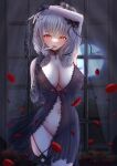 1girl alternate_costume azur_lane babydoll black_babydoll black_bra bra bra_removed breasts cleavage covered_nipples finger_to_mouth full_moon grey_hair highres large_breasts lingerie long_hair looking_at_viewer luetzow_(azur_lane) moon navel negligee night nipples nontakao petals see-through solo standing underwear window 