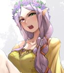  1girl collarbone dress fire_emblem fire_emblem:_the_binding_blade fire_emblem_heroes green_eyes head_wreath heterochromia idunn_(fire_emblem) light_persona long_hair looking_at_viewer looking_down official_alternate_costume official_alternate_hairstyle open_mouth pointy_ears purple_eyes purple_hair simple_background solo tomodachi_(tomofanart) upper_body white_background yellow_dress 