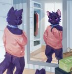  absurd_res anthro bell bell_collar black_body black_fur black_head_tuft blue_collar bottomless cheek_tuft clothed clothing collar corzh77 domestic_cat facial_tuft featureless_crotch felid feline felis female fur head_tuft hi_res inside looking_at_mirror looking_at_object mammal mirror pink_clothing pink_topwear purple_eyes purple_sclera solo standing topwear tuft unsigned window 