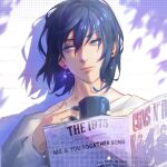  1boy bangs black_hair blue_eyes chainsaw_man coffee_mug cup ear_piercing earrings hair_between_eyes hayakawa_aki highres holding holding_cup holding_newspaper jewelry kozzz_y looking_to_the_side male_focus medium_hair mug newspaper piercing simple_background single_earring solo sweater white_background white_sweater 