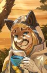  ambiguous_gender anthro blue_eyes blurred_background brown_body brown_fur bust_portrait closed_smile clothed clothing corzh77 felid fur glistening glistening_eyes hi_res holding_mug holding_object looking_at_viewer mammal mouth_closed mug palm_tree pink_nose plant portrait sand solo tan_body tan_clothing tan_fur tree unsigned whiskers yellow_clothing 