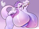  absurd_res alwaysfaceleft anthro big_breasts blue_eyes bottomless breast_squish breasts claws clothed clothing dragon female hair hi_res holding_object huge_breasts hyper hyper_breasts jewelry kneeling looking_at_viewer navel necklace on_one_knee pipe purple_body purple_hair simple_background slightly_chubby smoke smoking solo squish star_marking topwear wide_hips 