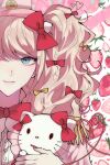  1girl bangs bibon_(boileddangan) blonde_hair bow bowtie buttons closed_mouth danganronpa_(series) danganronpa_3_(anime) enoshima_junko food fruit fur_trim grey_eyes hair_bow heart hello_kitty hello_kitty_(character) highres holding long_hair looking_at_viewer nail_polish orange_bow red_bow red_bowtie red_nails shiny shiny_hair smile solo strawberry 