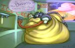  2018 anthro august_(indigorho) belly big_belly big_butt burping butt clothed clothing dialogue english_text felid fully_clothed fur gesture grey_body grey_fur hi_res holding_hose hyper hyper_belly ice_cream_machine immobile lion lying male mammal moobs morbidly_obese morbidly_obese_anthro nixx obese obese_anthro on_front open_mouth overweight overweight_anthro pantherine pink_tongue planet signature skinsuit solo space spacecraft speech_bubble teeth text thumbs_up tight_clothing tongue vehicle weight_gain window yellow_clothing 
