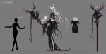  1girl back_cutout black_dress black_hair clothing_cutout dress dungeon_and_fighter full_body grey_background high_heels highres holding holding_staff keto_cactus long_hair official_art pale_skin parted_lips pose reference_sheet skirt_cutout solo staff teeth zealous_dieuleve 