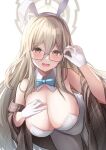  1girl :d akane_(blue_archive) akane_(bunny)_(blue_archive) animal_ears bare_shoulders black-framed_eyewear blue_archive blue_bow blue_bowtie bow bowtie breasts brown_eyes brown_hair cleavage commentary_request detached_collar fake_animal_ears glasses gloves gyzett hair_between_eyes halo hand_on_own_chest highres large_breasts leotard long_hair looking_at_viewer open_mouth pantyhose playboy_bunny rabbit_ears simple_background smile solo white_background white_gloves white_leotard white_pantyhose 
