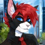  1:1 absurd_res anthro black_body black_clothing black_ears black_fur black_topwear blue_eyes blurred_background building bust_portrait cheek_tuft clothed clothing corzh77 domestic_cat facial_tuft felid feline felis fur glistening glistening_eyes hair hi_res inner_ear_fluff looking_at_viewer male mammal necktie pink_inner_ear pink_nose plant portrait pupils red_hair red_necktie shrub slit_pupils smile solo topwear tuft unsigned urban white_body white_fur white_inner_ear_fluff 