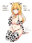  1girl animal_ears animal_print bangs bell bikini blonde_hair blue_eyes blush breasts bridal_gauntlets chinese_zodiac commentary_request cow_ears cow_girl cow_horns cow_print cowbell dated full_body highres horns large_breasts long_hair looking_at_viewer navel open_mouth original print_bikini print_bridal_gauntlets print_thighhighs seiza signature simple_background sitting solo swimsuit thighhighs tomo-graphy translation_request twitter_username white_background year_of_the_ox 