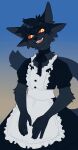  4_ears anthro black_clothing black_hair clothed clothing corzh77 crossdressing felid front_view fur gradient_background grey_body grey_fur hair hi_res looking_at_viewer maid_uniform male mammal messy_hair multi_ear open_mouth open_smile portrait pupils red_pupils red_sclera red_tongue short_hair simple_background smile solo standing teeth three-quarter_portrait tongue uniform unsigned white_clothing yellow_eyes 