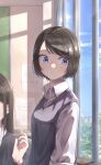  12_graka 2girls absurdres black_hair blue_eyes classroom commentary highres long_hair looking_outside multiple_girls original school_uniform short_hair solo_focus window 