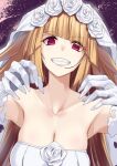  1girl blonde_hair breasts bridal_veil brooklyn_(kancolle) cleavage colored_skin dress gloves grin highres ifuji_shinsen kantai_collection large_breasts official_alternate_costume red_eyes smile torn_clothes upper_body veil white_dress white_gloves 