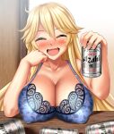  1girl absurdres beer_can blonde_hair blue_bra blush bra breasts can closed_eyes elbows_on_table hair_between_eyes highres holding holding_can indoors iowa_(kancolle) kantai_collection large_breasts long_hair solo table underwear upper_body zanntetu 
