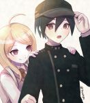  1boy 1girl :o ahoge akamatsu_kaede artist_name backpack bag bangs black_jacket breast_pocket brown_eyes brown_hair brown_necktie buttons collared_shirt commentary_request danganronpa_(series) danganronpa_v3:_killing_harmony double-breasted hair_between_eyes hair_ornament highres jacket looking_at_another looking_at_viewer musical_note musical_note_hair_ornament necktie open_mouth pink_eyes pink_vest pocket saihara_shuuichi shiny shiny_hair shirt short_hair smile striped striped_jacket toyatopa upper_body vest 