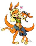  &lt;3 anthro blonde_hair clothed clothing daxter digital_media_(artwork) duo embrace eyewear eyewear_on_head face_squish female fingerless_gloves fur gloves goggles goggles_on_head hair handwear hi_res hug jackajoke jak_and_daxter love male mammal mustelid naughty_dog orange_body orange_fur ottsel partially_clothed paws semi-anthro simple_background sony_corporation sony_interactive_entertainment squish tess_(jak_and_daxter) video_games white_background 