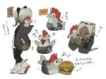  4:3 annyu_spr anthro braided_hair braided_ponytail burger cephalopod duo eating embrace fish food grey_body hair hi_res hug humanoid little_buddy_(splatoon) male marine mollusk nintendo octarian octoling red_eyes red_fin salmonid_(splatoon) splatoon video_games yellow_sclera 