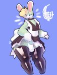  absurd_res alwaysfaceleft anthro blonde_hair blue_eyes bulge clothing collar fur green_body green_fur hair hi_res lagomorph latex_stockings legwear leporid looking_down maid_uniform male mammal open_mouth rabbit short_hair simple_background solo standing stockings teeth thigh_highs underwear uniform white_body white_fur 