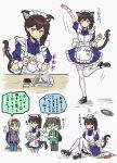  3girls accident alternate_costume animal_ears apron blue_dress brown_eyes brown_hair cat_ears cat_tail commentary_request dress enmaided frilled_apron frills highres kaga_(kancolle) kakincho kantai_collection long_hair maid maid_headdress multiple_girls multiple_views otaku shoukaku_(kancolle) side_ponytail tail teapot thighhighs translation_request tray white_apron white_background white_thighhighs zuikaku_(kancolle) 