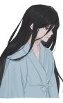  1boy bangs black_hair collarbone danganronpa_(series) danganronpa_3_(anime) from_side hair_between_eyes highres hospital_gown kamukura_izuru long_hair long_sleeves male_focus open_mouth red_eyes simple_background solo ujuui_msmz white_background 