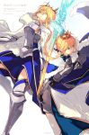  1girl absurdres ahoge armor armored_boots armored_dress artoria_pendragon_(fate) artoria_pendragon_(lancer)_(fate) bangs blonde_hair blue_dress blue_ribbon blue_thighhighs boots braid breastplate breasts cape carimarica crown dress excalibur_(fate/stay_night) fate/grand_order fate/stay_night fate_(series) faulds french_braid fur-trimmed_cape fur_trim gauntlets green_eyes hair_between_eyes hair_bun hair_ribbon highres juliet_sleeves large_breasts long_hair long_sleeves looking_at_viewer medium_breasts puffy_sleeves ribbon saber sidelocks sword thighhighs thighs weapon 