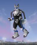  2022 5:6 anthro canid canine canis clothed clothing cyberdog digital_media_(artwork) domestic_dog flying hi_res husky jet_pack male mammal mascot nordic_sled_dog rikter rocketbelt solo spitz sport 