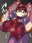  2022 3:4 anthro big_breasts big_ears black_nose bodily_fluids breasts clothed clothing dress eyelashes female floppy_ears fully_clothed gradient_background hair half-closed_eyes hands_behind_head hi_res huge_breasts japanese_text lagomorph leporid looking_at_viewer mammal mature_female narrowed_eyes nipple_outline orange_hair pepper_gomashio rabbit raised_arms sega short_hair simple_background smile solo sonic_the_hedgehog_(series) steam sweat text vanilla_the_rabbit 