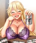  1girl absurdres beer_can blonde_hair blush bra breasts can closed_eyes elbows_on_table hair_between_eyes highres holding holding_can indoors iowa_(kancolle) kantai_collection large_breasts long_hair purple_bra solo table underwear upper_body zanntetu 