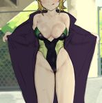  1girl 2equal8 :q areola_slip blonde_hair breasts cleavage coat head_out_of_frame highleg highleg_swimsuit highres large_breasts one-piece_swimsuit open_clothes open_coat original short_hair sketch solo standing sweat swimsuit tongue tongue_out 