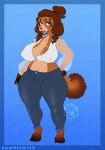  &lt;3 2022 accessory anthro blue_background blue_eyes bottomwear breasts brown_body brown_fur brown_hair brown_tail bumblewish_(artist) canid canine canis cleavage clothed clothing curled_tail denim denim_clothing digital_drawing_(artwork) digital_media_(artwork) domestic_dog female fingers fur hair hair_accessory hair_tie hi_res jeans looking_at_viewer mammal mocha_(bumblewish) navel open_mouth pants poodle shirt simple_background solo teeth thick_thighs topwear toy_dog toy_poodle translucent translucent_clothing watermark 