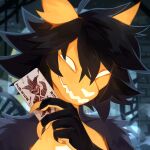  1:1 absurd_res ambiguous_gender anthro black_body black_fur black_hair blurred_background bust_portrait card claws corzh77 empty_eyes finger_claws front_view fur hair hi_res holding_card messy_hair narrowed_eyes nude open_mouth orange_body orange_claws orange_fur portrait smile solo species_request unsigned 