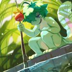  1:1 absurd_res ambiguous_gender antennae_(anatomy) anthro blurred_background corzh77 crouching full-length_portrait green_body green_hair hair hi_res holding_object holding_stick narrowed_eyes nude open_mouth open_smile portrait smile solo species_request stick unsigned water waterline_view 