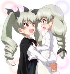  2girls :d aged_down anchovy_(girls_und_panzer) anzio_school_uniform braid cape carrying carrying_person drill_hair girls_und_panzer green_hair kayabakoro long_hair multiple_girls red_eyes school_uniform simple_background smile 