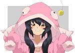  1girl anglerfish_costume black_hair brown_eyes cosplay girls_und_panzer grin kayabakoro kigurumi reizei_mako simple_background sleeves_past_fingers sleeves_past_wrists smile solo twintails upper_body 