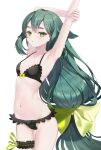  1girl armpits arms_up bangs bikini black_bikini bow bow_bikini breasts bridal_garter commentary_request cowboy_shot dabi_(dabibubi) expressionless gatchaman_crowds green_eyes green_hair hair_between_eyes hair_bow hair_flaps highres jitome large_bow long_hair looking_at_viewer low-tied_long_hair miya_utsutsu navel outstretched_arm parted_lips simple_background small_breasts solo standing stomach swimsuit thick_eyebrows very_long_hair white_background yellow_bow 