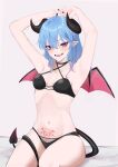  1girl armpits arms_up bangs black_bra black_choker black_nails black_panties blue_eyes blue_hair bra breasts choker criss-cross_halter demon_horns demon_tail demon_wings hair_between_eyes halterneck highres hololive horns hoshimachi_suisei long_hair looking_at_viewer navel panties pointy_ears pubic_tattoo saco_(cgmore) small_breasts solo stomach tail tail_around_leg tattoo underwear underwear_only virtual_youtuber wings 
