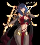  1girl absurdres alternate_costume armlet bangs bare_shoulders blue_eyes blue_hair blush bodystocking bodysuit bra bracelet breasts bridal_gauntlets bridal_legwear byleth_(fire_emblem) byleth_(fire_emblem)_(female) cleavage clothing_cutout collar cosplay curvy dancer detached_sleeves dorothea_arnault dorothea_arnault_(cosplay) eyes_of_grima feather_hair_ornament feathers fire_emblem fire_emblem:_three_houses fire_emblem_heroes gold_choker gold_trim hair_between_eyes hair_ornament hand_in_own_hair highres jewelry large_breasts loincloth long_hair looking_at_viewer midriff n_ah_n navel navel_cutout open_mouth pantyhose revealing_clothes see-through see-through_legwear see-through_sleeves simple_background solo sword_of_the_creator thighs underwear wide_hips 