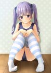  against_wall bangs bare_shoulders blue_thighhighs blush closed_mouth collarbone highres long_hair looking_at_viewer old_school_swimsuit original own_hands_together polka_dot polka_dot_background purple_eyes purple_hair school_swimsuit shibacha sitting smile striped striped_thighhighs swimsuit thighhighs thighs twintails wall white_thighhighs 