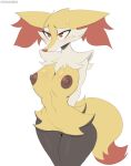  2022 anthro areola blush braixen breasts brown_areola brown_nipples canid canine cleft_of_venus cooliehigh female fur generation_6_pokemon genitals hi_res inner_ear_fluff mammal nintendo nipples pokemon pokemon_(species) pussy solo tuft video_games yellow_body 