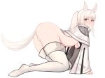  1girl all_fours animal_ears arknights ass bangs blunt_bangs blush boxz_(buxuanzhen) breasts brown_eyes closed_mouth from_side full_body highres horse_ears horse_girl long_hair long_sleeves looking_to_the_side medium_breasts no_pants no_shoes panties platinum_(arknights) ponytail sidelocks simple_background smile solo sports_bra thighhighs underboob underwear white_background white_hair white_panties white_thighhighs wide_sleeves 